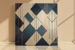 Interlocking diamond chevron pattern in warm tan and slate blue with copper orange motifs, geometric canvas wall art