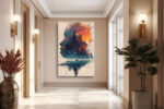 Profile silhouette filled with pine trees and fiery clouds in teal and burnt orange, double-exposure canvas wall art