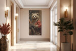Anthropomorphized bear in red period coat with musket, dramatic classical portrait canvas for living room or home office