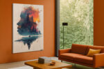 Profile silhouette filled with pine trees and fiery clouds in teal and burnt orange, double-exposure canvas wall art