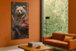 Anthropomorphized bear in red period coat with musket, dramatic classical portrait canvas for living room or home office