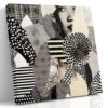 Woman's portrait emerging from monochrome patterned paper collage, bold mixed-media square wall art for living room