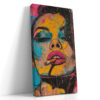Bold urban pop art portrait of a woman with cigarette, vivid amber, hot pink and cyan paint splatters, mixed media canvas