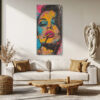 Bold urban pop art portrait of a woman with cigarette, vivid amber, hot pink and cyan paint splatters, mixed media canvas