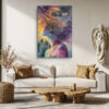 Human profile with cosmic swirling mindscape, violet and orange digital art portrait canvas for living room