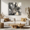 Woman's portrait emerging from monochrome patterned paper collage, bold mixed-media square wall art for living room