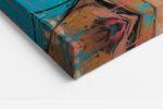 Bold urban pop art portrait of a woman with cigarette, vivid amber, hot pink and cyan paint splatters, mixed media canvas