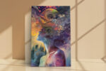 Human profile with cosmic swirling mindscape, violet and orange digital art portrait canvas for living room