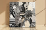 Woman's portrait emerging from monochrome patterned paper collage, bold mixed-media square wall art for living room