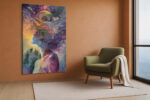 Human profile with cosmic swirling mindscape, violet and orange digital art portrait canvas for living room