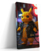 Punk Pikachu in spiked leather jacket on neon-lit urban street, bold yellow pop art canvas for gaming room