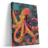 Octopus with radiating tentacles in vivid orange and magenta, grunge street art style canvas print for living room or office