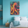 Octopus with radiating tentacles in vivid orange and magenta, grunge street art style canvas print for living room or office