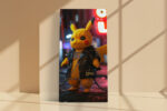 Punk Pikachu in spiked leather jacket on neon-lit urban street, bold yellow pop art canvas for gaming room