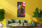 Punk Pikachu in spiked leather jacket on neon-lit urban street, bold yellow pop art canvas for gaming room