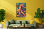 Octopus with radiating tentacles in vivid orange and magenta, grunge street art style canvas print for living room or office