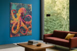Octopus with radiating tentacles in vivid orange and magenta, grunge street art style canvas print for living room or office