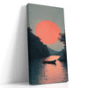 Lone boat on calm teal water beneath a flat coral sun disc, dark tree-lined banks, digital art canvas for bedroom