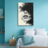 Partial female face in near black and off-white ink smoke, dramatic moody digital art canvas for living room or home office