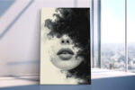 Partial female face in near black and off-white ink smoke, dramatic moody digital art canvas for living room or home office
