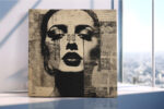 Woman's face with ink tear streaks over aged newsprint collage, moody monochrome mixed-media portrait canvas wall art