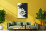 Partial female face in near black and off-white ink smoke, dramatic moody digital art canvas for living room or home office