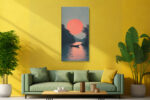 Lone boat on calm teal water beneath a flat coral sun disc, dark tree-lined banks, digital art canvas for bedroom