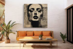 Woman's face with ink tear streaks over aged newsprint collage, moody monochrome mixed-media portrait canvas wall art