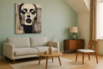 Woman's face with ink tear streaks over aged newsprint collage, moody monochrome mixed-media portrait canvas wall art