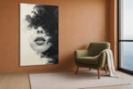 Partial female face in near black and off-white ink smoke, dramatic moody digital art canvas for living room or home office