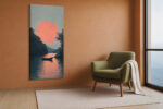 Lone boat on calm teal water beneath a flat coral sun disc, dark tree-lined banks, digital art canvas for bedroom