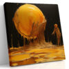 Glowing amber sphere and dripping humanoid figure in bold warm tones, surreal digital art canvas for a living room