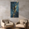 Levitating silhouette with gold paint streaks on deep teal, dramatic abstract mixed-media wall art for living room