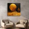 Glowing amber sphere and dripping humanoid figure in bold warm tones, surreal digital art canvas for a living room