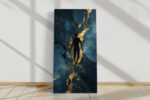Levitating silhouette with gold paint streaks on deep teal, dramatic abstract mixed-media wall art for living room