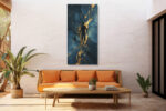 Levitating silhouette with gold paint streaks on deep teal, dramatic abstract mixed-media wall art for living room