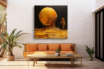 Glowing amber sphere and dripping humanoid figure in bold warm tones, surreal digital art canvas for a living room
