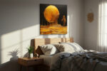 Glowing amber sphere and dripping humanoid figure in bold warm tones, surreal digital art canvas for a living room