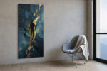 Levitating silhouette with gold paint streaks on deep teal, dramatic abstract mixed-media wall art for living room