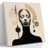 Female bust with closed eyes surrounded by gold geometric arcs and spheres, art deco square canvas wall art for living room