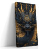 Symmetrical dragon head with gold filigree and carved scales on deep navy, bold digital art canvas for living room