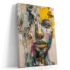 Collage portrait with torn newspaper, vivid yellow and dark slate blue, bold mixed-media wall art for living room