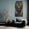 Symmetrical dragon head with gold filigree and carved scales on deep navy, bold digital art canvas for living room