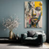 Collage portrait with torn newspaper, vivid yellow and dark slate blue, bold mixed-media wall art for living room