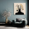 Female bust with closed eyes surrounded by gold geometric arcs and spheres, art deco square canvas wall art for living room