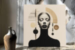 Female bust with closed eyes surrounded by gold geometric arcs and spheres, art deco square canvas wall art for living room