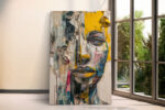 Collage portrait with torn newspaper, vivid yellow and dark slate blue, bold mixed-media wall art for living room