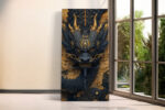 Symmetrical dragon head with gold filigree and carved scales on deep navy, bold digital art canvas for living room