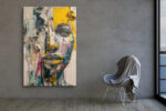 Collage portrait with torn newspaper, vivid yellow and dark slate blue, bold mixed-media wall art for living room
