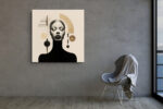 Female bust with closed eyes surrounded by gold geometric arcs and spheres, art deco square canvas wall art for living room